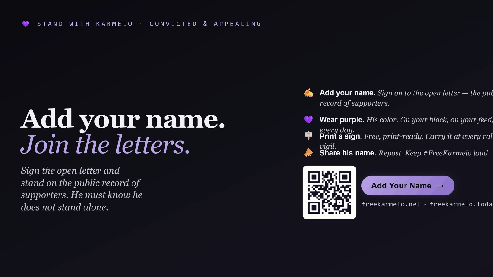 Free Karmelo — Add Your Name