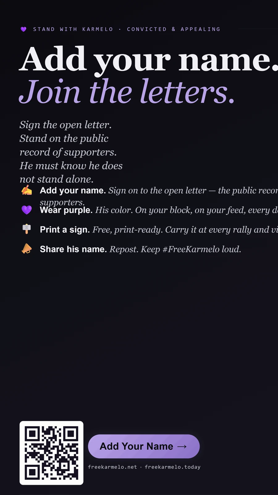 Free Karmelo — Add Your Name