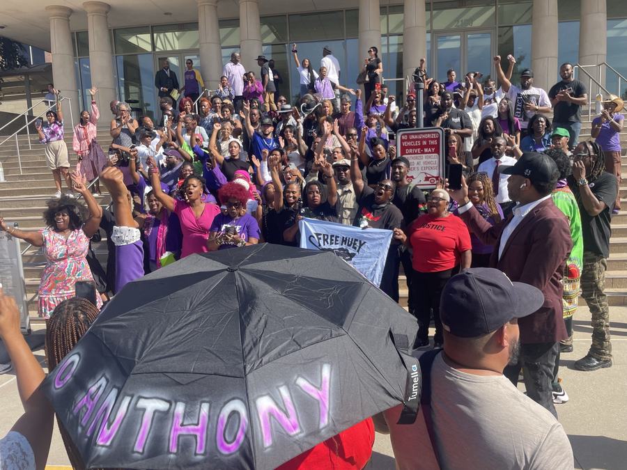 Supporters in purple raise their fists on the Collin County courthouse steps